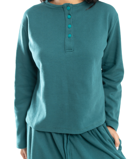 petrol button-up waffle top