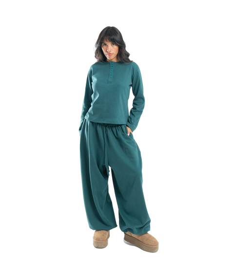 petrol button-up waffle top