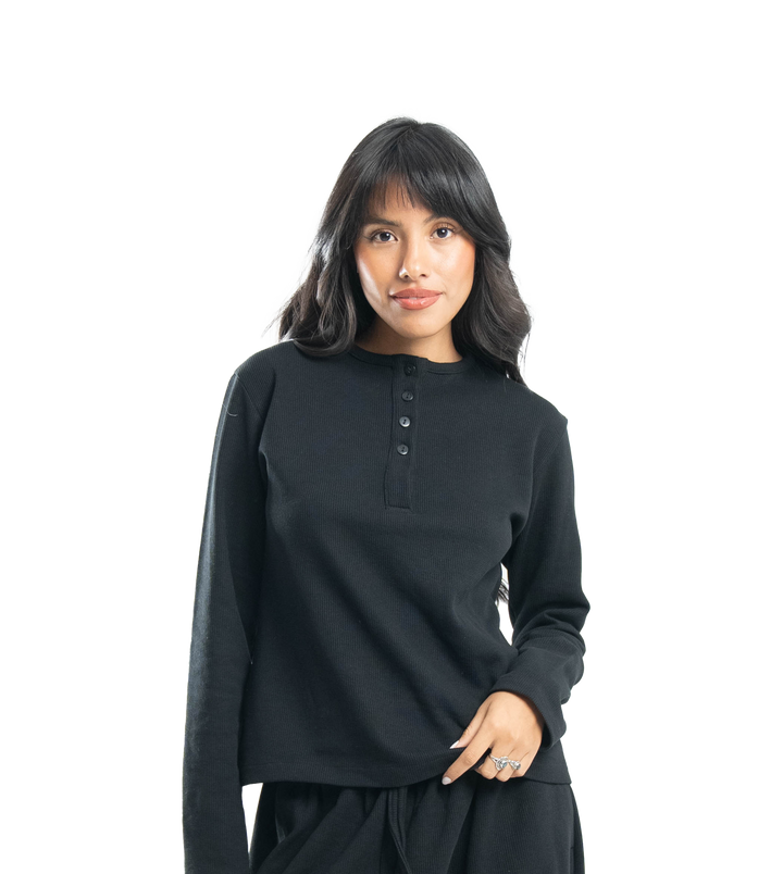 charcoal button-up waffle top