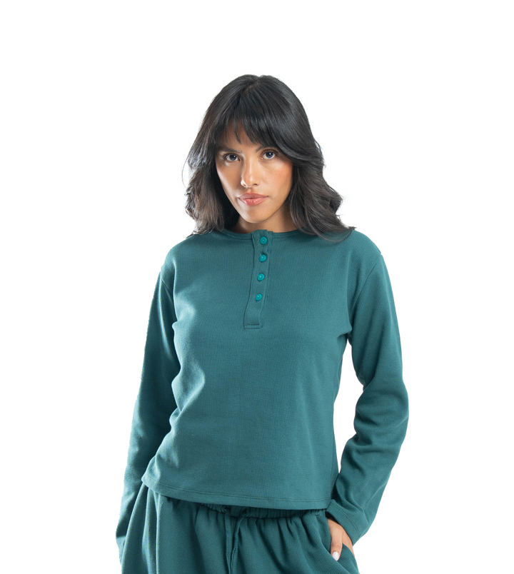 petrol button-up waffle top